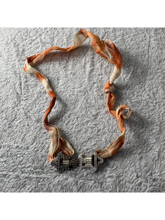 Antique Crystal Rhinestone Belt Buckle W/ Orange & Cream Silk Ribbon Tie main image 5